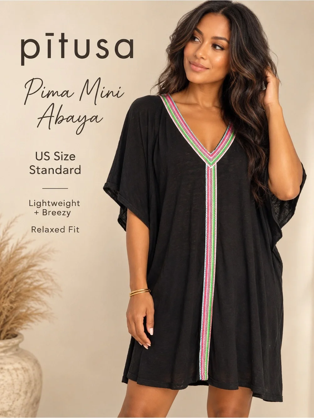 Pitusa Pima Mini Abaya Black Inca Trim Dress Swim Cover Up Standard